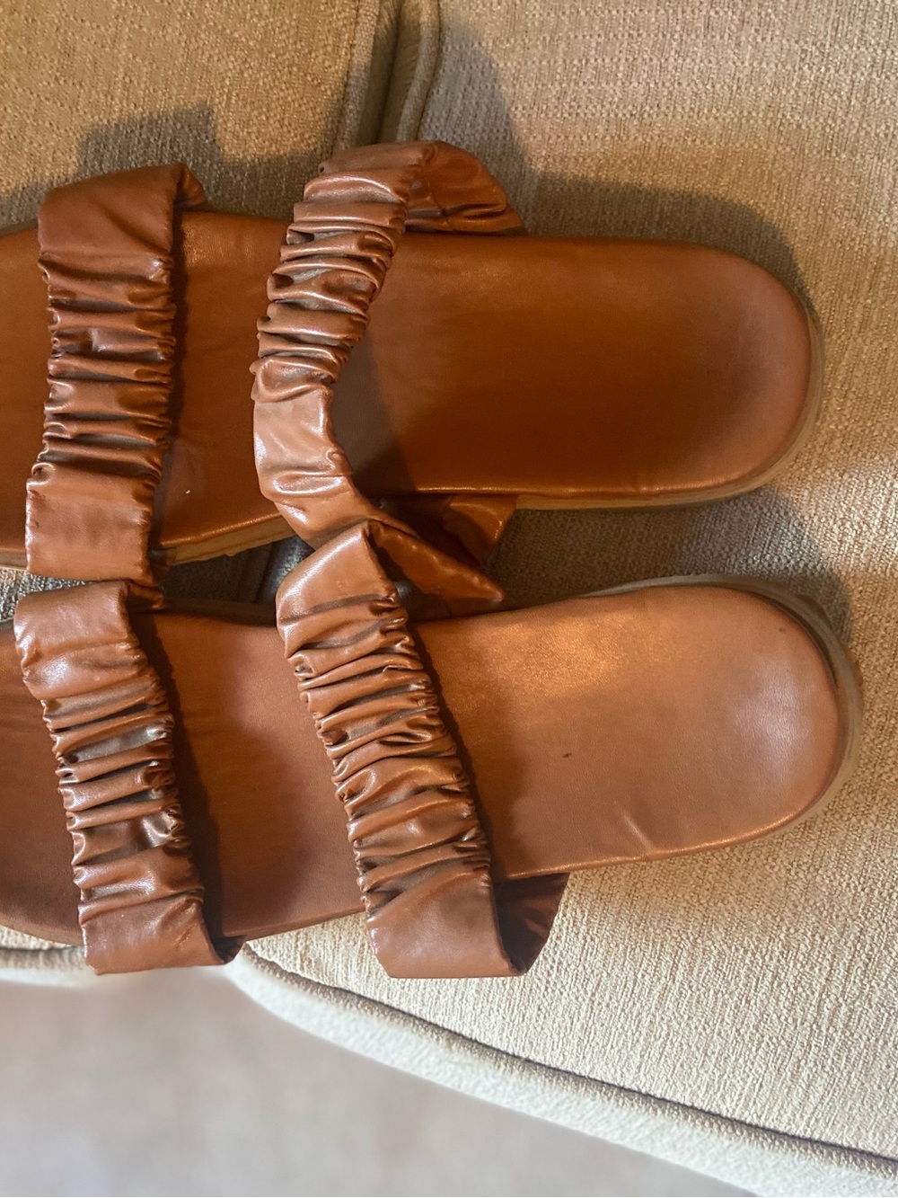 Brown Ruched Double-Strap Slide Sandals